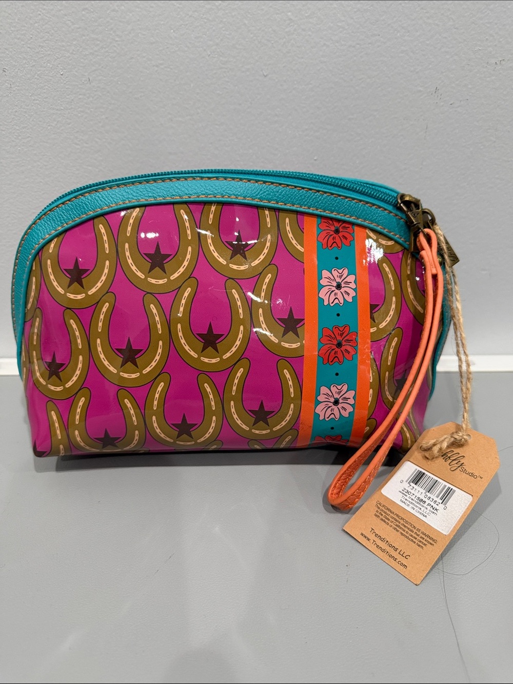 Horseshoe Flower Print Cosmetic Wristlet Travel Bag Catchfly Equestrian Horse